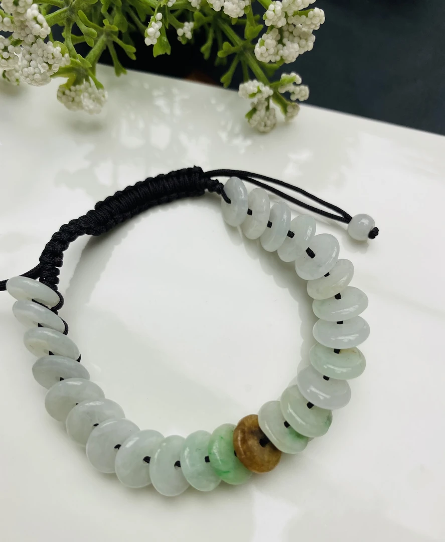天然缅甸翡翠A货三彩平安扣翡翠手绳可调节手工编织多样性发一个