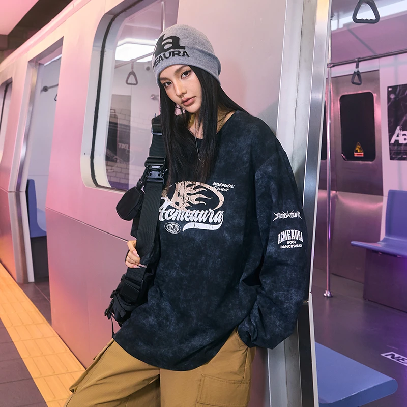 ACMEAURA【暑期特惠】街舞扎染宽松T恤长袖休闲圆领宽松上衣打底衫