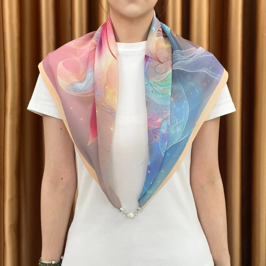 2024秋冬新款磁扣丝巾 时尚百搭70*70薯莨纱方巾中国风油画