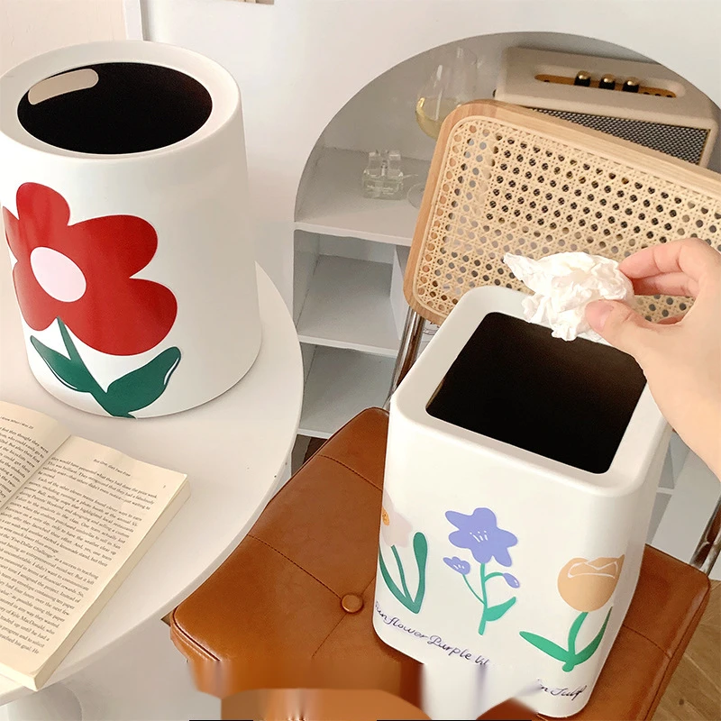 ins风郁金香客厅卧室垃圾桶宿舍大号垃圾筒创意塑料双层收纳纸篓