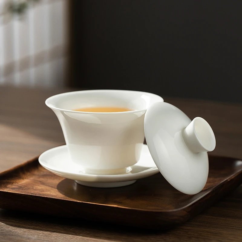 马蹄羊脂玉白瓷三才盖碗薄胎手抓泡茶碗高档简约手工功夫家用茶具