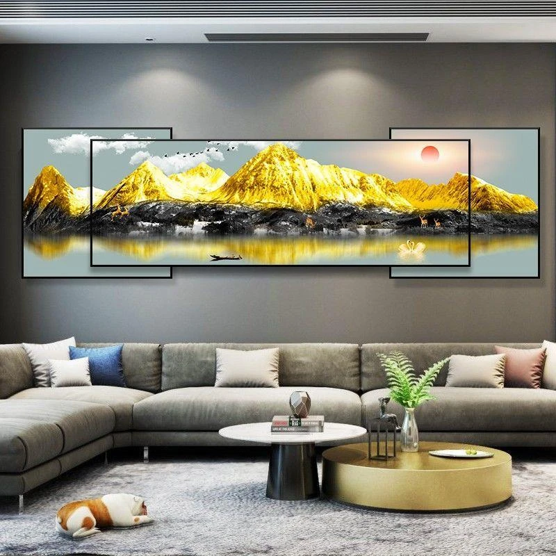 客厅装饰画现代简约沙发背景墙挂画背靠金山墙壁画三联叠加晶瓷画