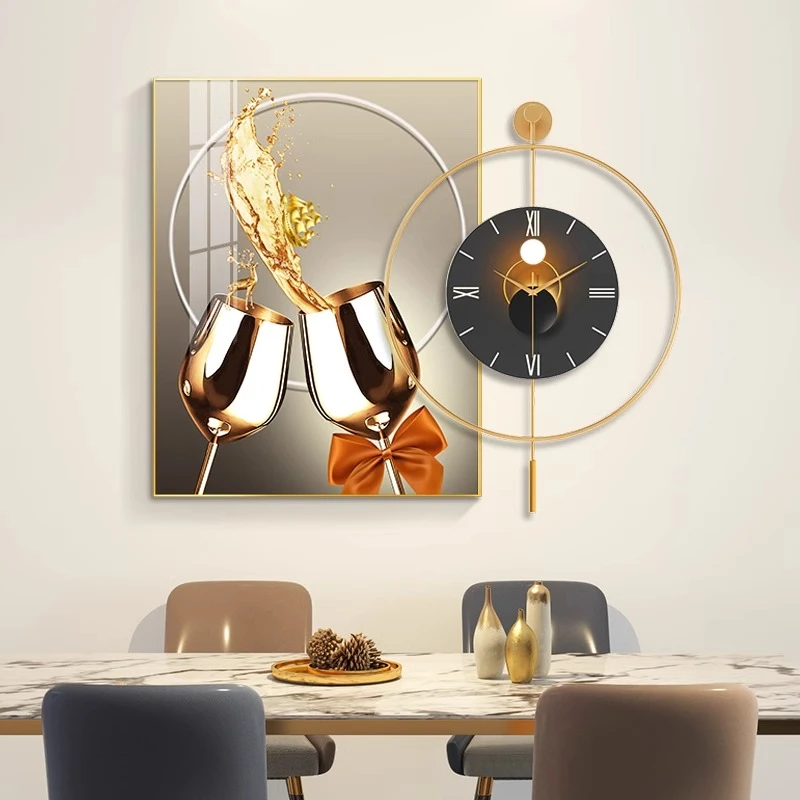 轻奢酒杯餐厅装饰画高档饭厅背景挂画创意挂钟时钟简约现代钟表