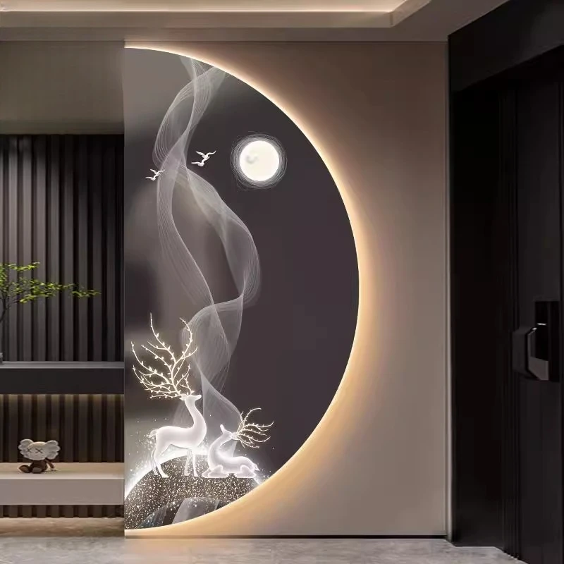 现代轻奢玄关装饰画走廊过道壁画LED灯画九鱼图半圆背景墙挂画