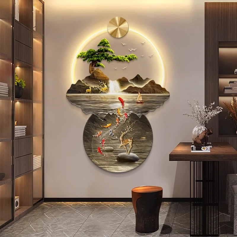 带灯玄关装饰画2025年新款高端入户正对门走廊尽头过道挂画山水