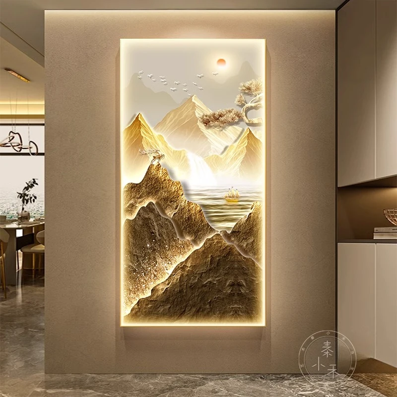 玄关装饰画2025年新款高端山水画轻奢金山壁画走廊过道挂画灯光