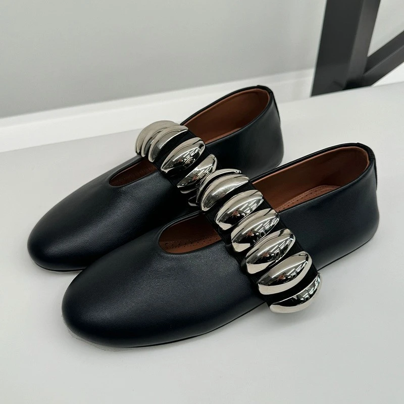 羊皮版欧美金属一字扣带玛丽珍鞋女平底舒适芭蕾舞鞋新款黑色单鞋