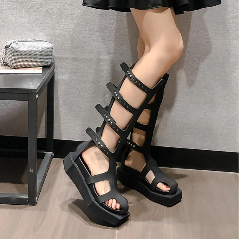 网红ins潮真皮镂空凉靴女夏季牛皮厚底凉鞋高筒靴显瘦百搭马丁靴
