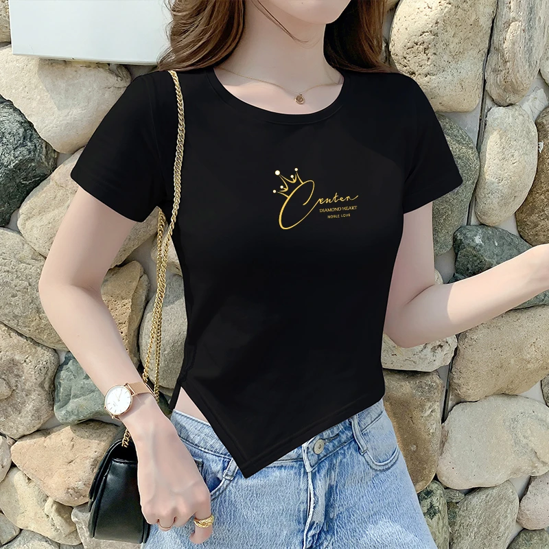 黑色短款t恤女短袖修身夏季高腰不规则甜酷开叉露脐上衣2025新款