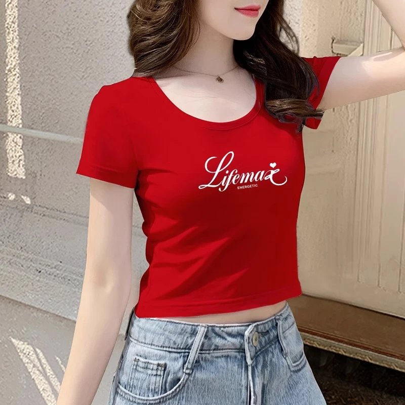红色短款t恤女短袖修身夏季高腰百搭性感露脐纯棉上衣2025年新款
