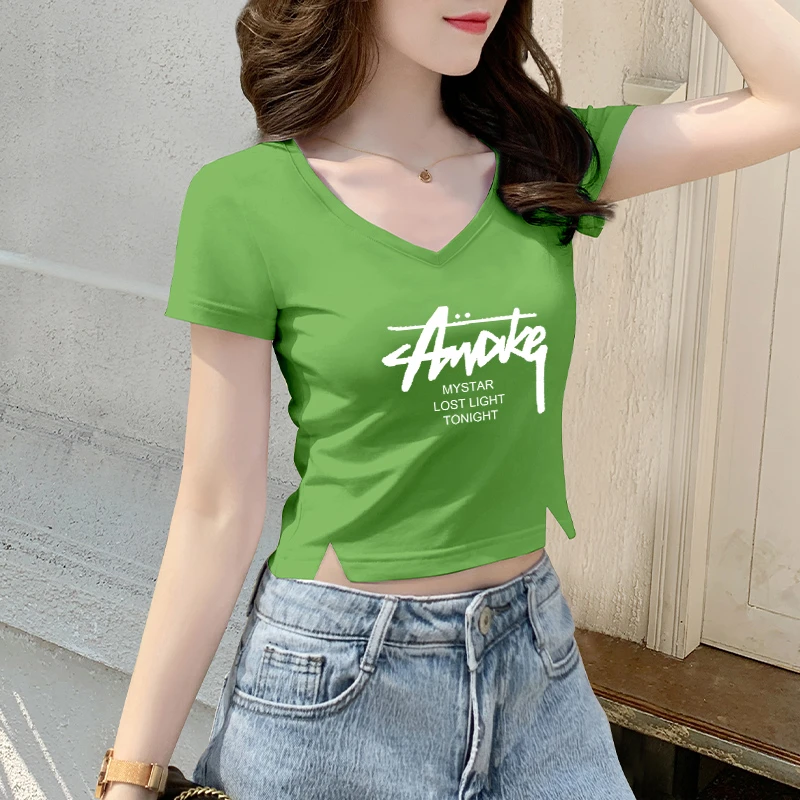 开叉小心机设计感高腰露脐短款上衣修身体恤纯棉v领短袖t恤女夏季