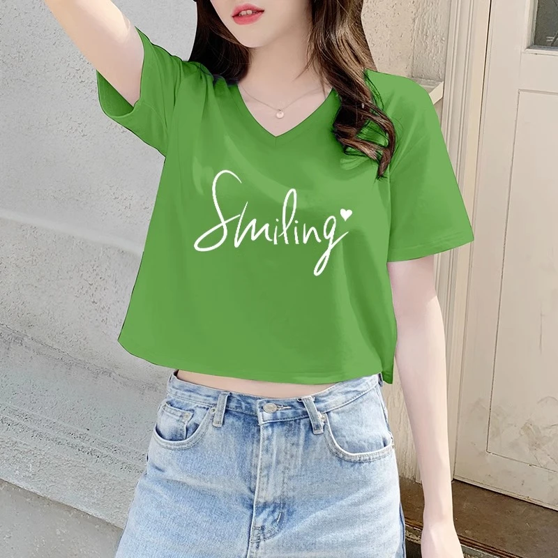 2025年夏季新款韩版宽松短袖T恤女学生短款露脐上衣v领半袖体恤潮