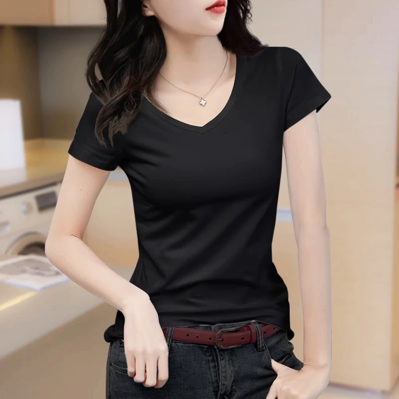 黑色短袖t恤女冰丝莫代尔紧身小衫夏季v领薄款面膜打底衫修身上衣