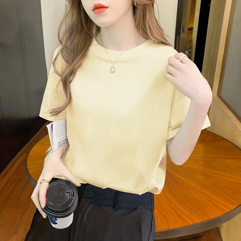 奶黄短袖t恤女宽松夏季韩版百搭正肩流行半袖漂亮上衣2025年新款