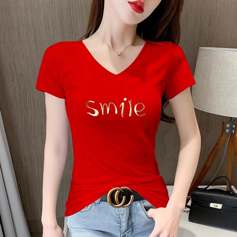 红色V领t恤女短袖紧身显瘦上衣正肩半袖夏装2025新款低领体恤