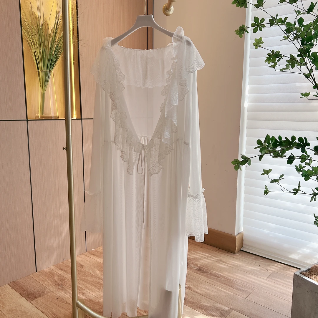 薄款女性感花边中长款长袖睡袍蕾丝连衣裙白色开衫舒适时尚性感