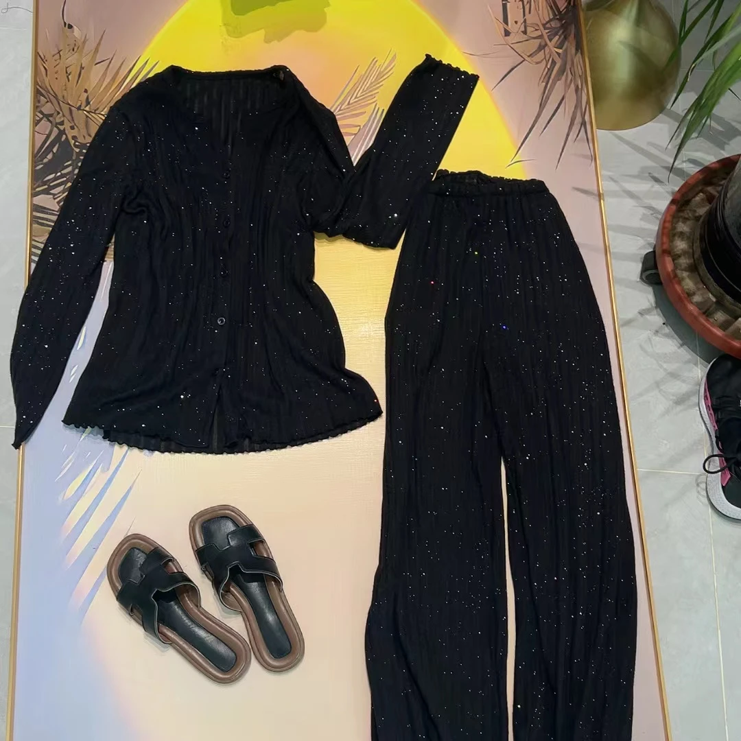 2025新款家居服睡衣套装时尚舒适保暖条绒开衫高腰休闲百搭黑色