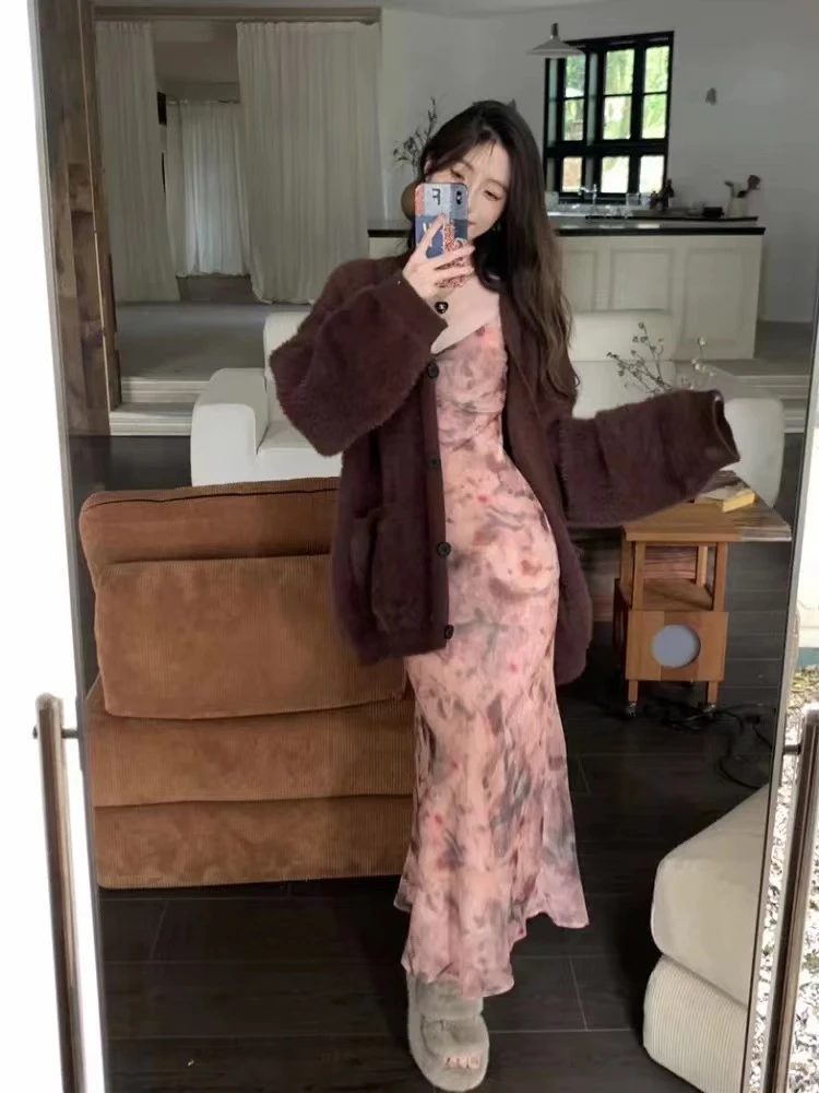 秋冬季加厚宽松慵懒风绒毛衣外套女中长款软糯针织开衫上衣外搭