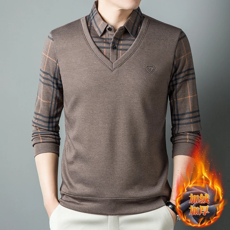 【雅鹿男装】假两件长袖t恤男士冬季商务休闲加绒保暖爸爸打底衫