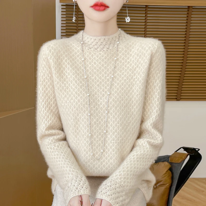 24秋冬加厚100纯羊毛衫女半高领毛衣洋气蜂窝提花针织打底衫上衣
