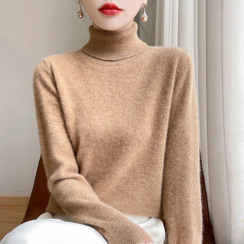 高翻领经典打底衫100澳洲羊毛衫宽松气质显瘦百搭针织衫女冬宽松