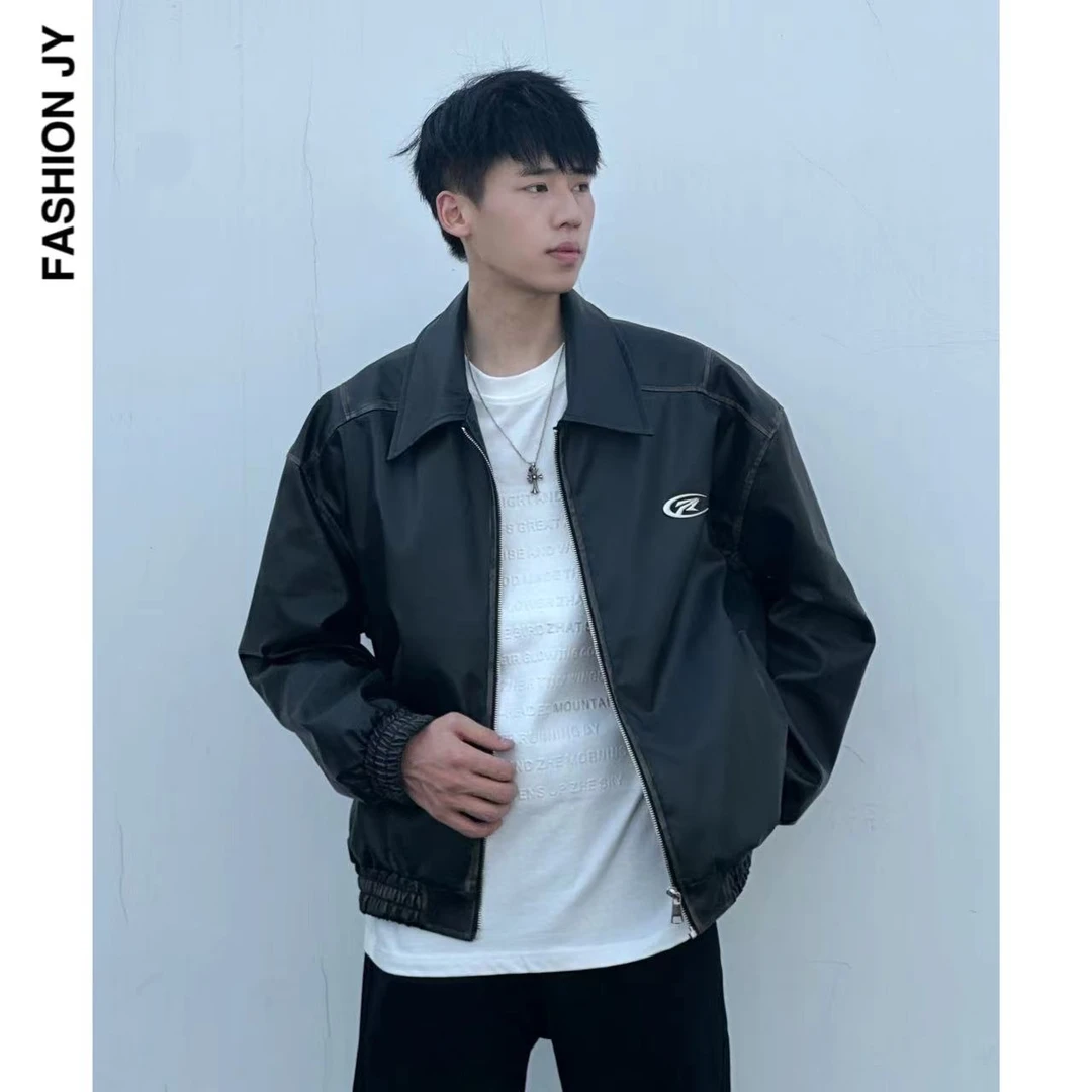 FASHIONJY秋冬宽松皮衣男美式复古PU皮夹克翻领情侣潮流痞帅外套