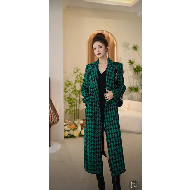 缪可2024秋冬季新款时尚千鸟格呢子大衣设计感气质毛呢长款外套