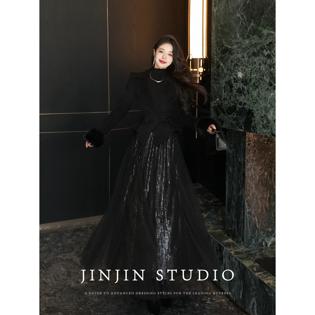 MD进进原创【璀璨星空】秋冬时尚重工A字纱裙半裙气质显瘦半身裙