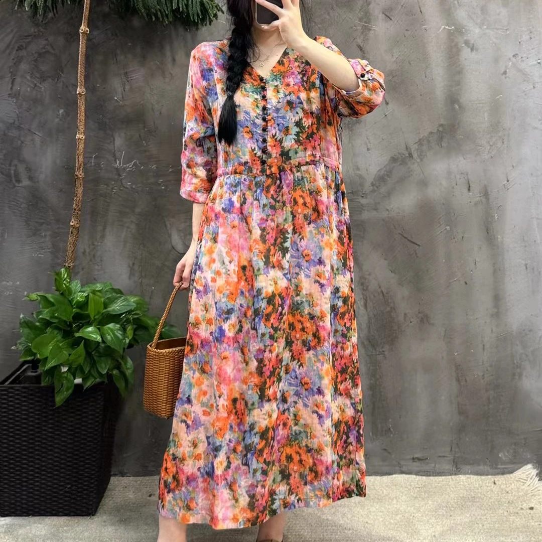 【三竹伊彩】夏季苎麻女装连衣裙印花时尚收腰显瘦显气质中国风