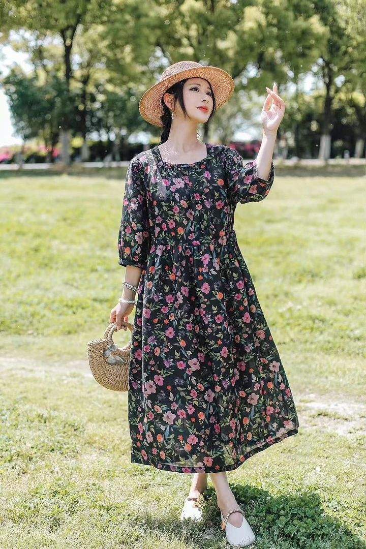 【浅黛春山】西缺夏季苎麻连衣裙方领碎花泡泡袖收腰显瘦印花气质