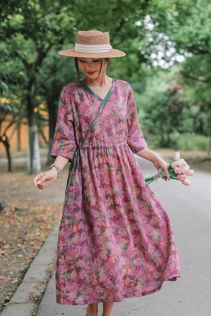 【三竹伊彩】锦绣年华西缺夏季苎麻宽松女装连衣裙v领印花收腰显瘦