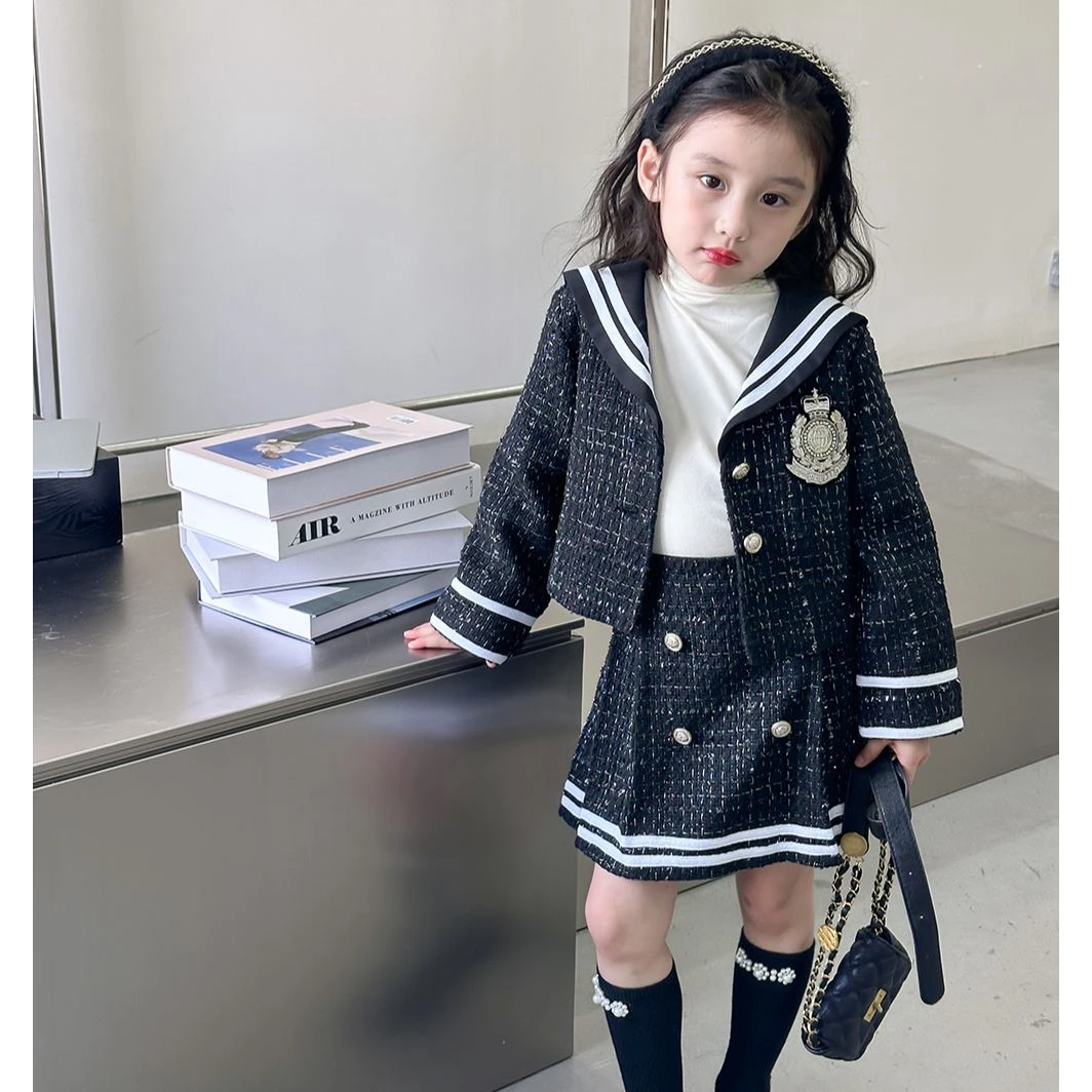 2025春女童学院套装jk海军领外套百褶裙两件套
