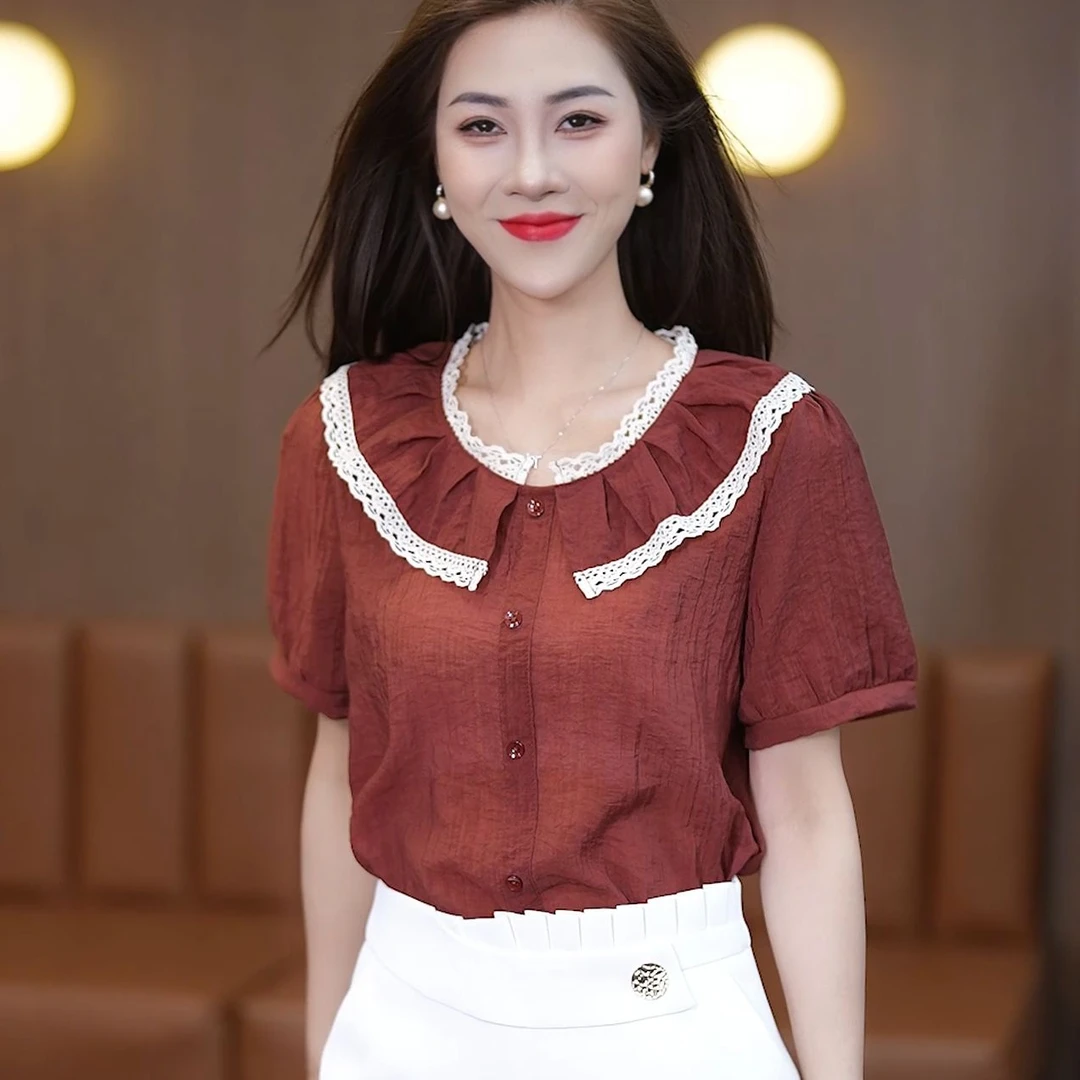 娃娃领短袖衬衣女2024夏季新款韩版时尚百搭显瘦雪纺小衫薄款上衣