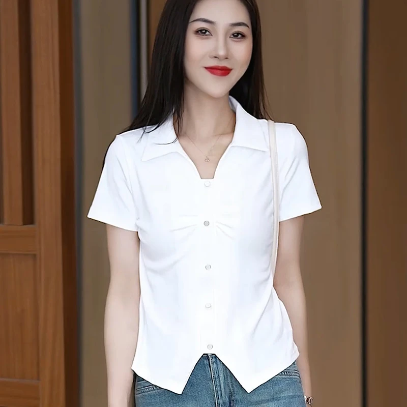 2024夏季新款时尚洋气小衫设计感减龄体恤衫小个子短款T恤女上衣
