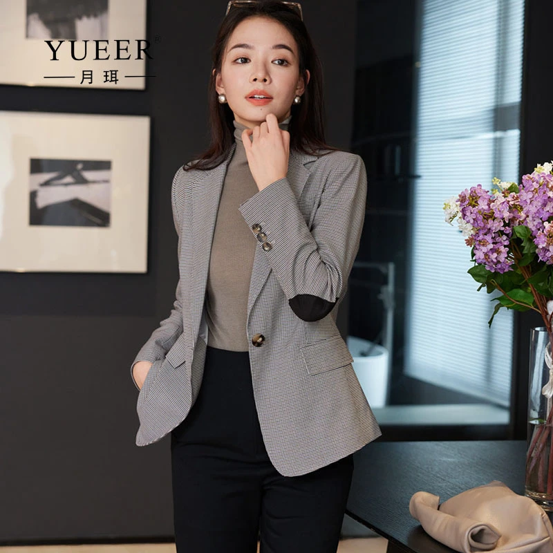 复古英伦风春秋长袖一粒扣西装外套女千鸟格修身显瘦职业小西装