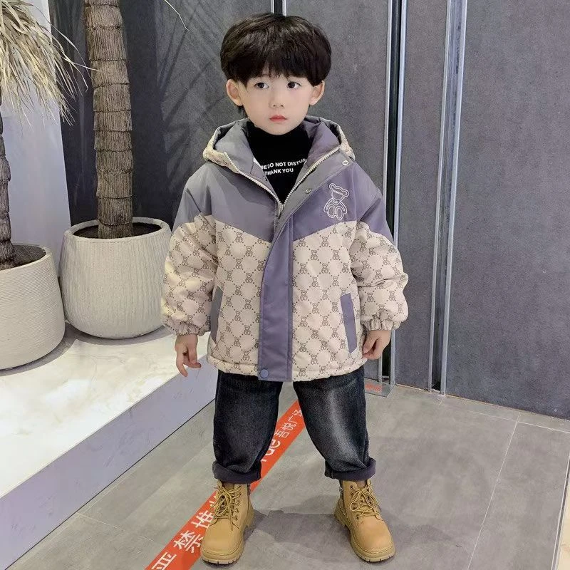男童秋冬夹棉外套2024新款儿童冲锋风衣加绒棉服小童休闲派克服