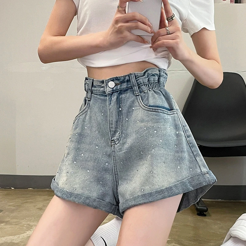 烫钻牛仔短裤女夏季薄款2023新款宽松卷边松紧腰辣妹a字阔腿热裤