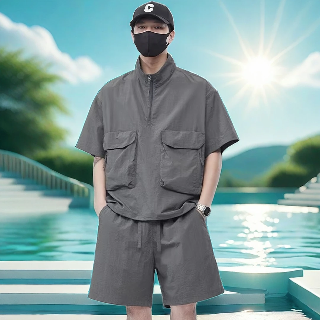 速干短袖短裤两件套男士夏季户外时尚日系宽松工装纯色立领套装潮