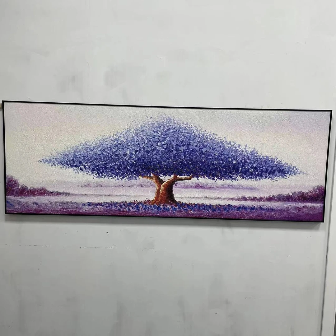 油画砂岩添笔油画横款客厅墙卧室餐厅挂画紫色大树70200风景