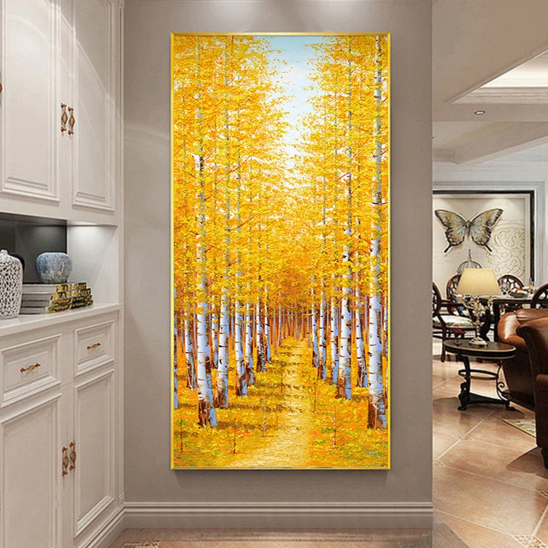 手工装饰画砂岩油画方形款客厅卧室餐厅挂画简约黄金树80160