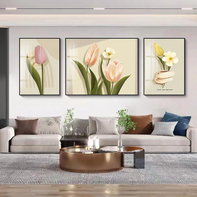 框简约奶油风客厅沙发背景墙装饰画三联挂画壁画郁金香60160