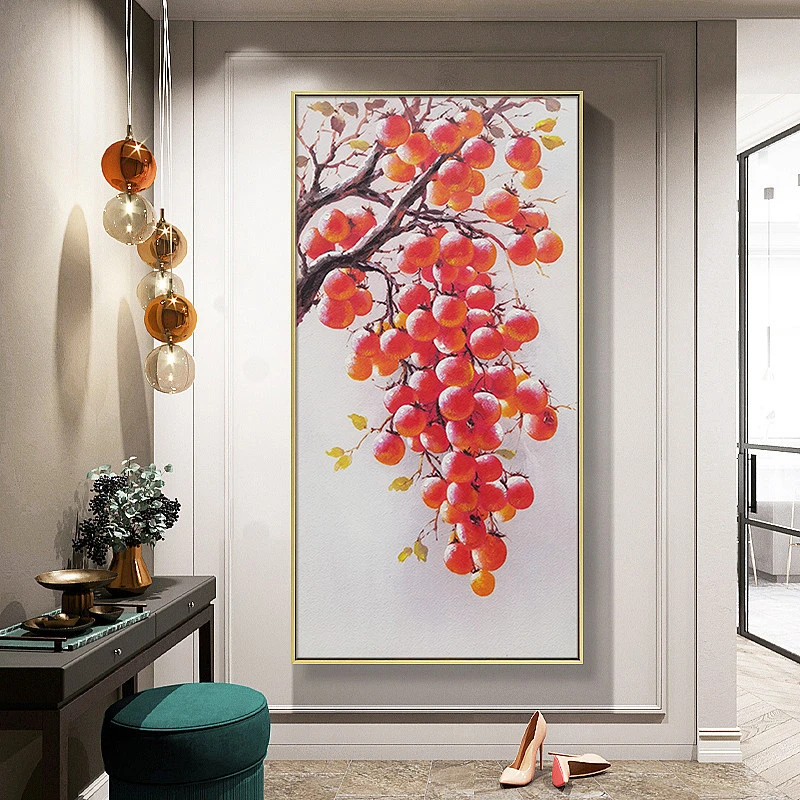 工砂岩油画柿柿如意玄关走廊过道尽头新中式画柿柿如意80160