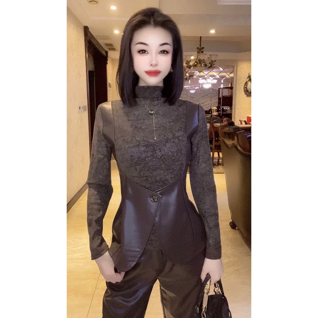 2024秋冬新款半高领假两件长袖拼接气质时尚修身显瘦上衣