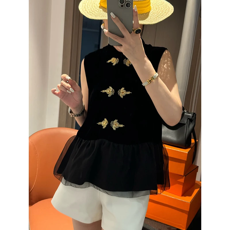 小众设计感真丝丝绒拼接欧根纱上衣夏季重工小金鱼钉珠百搭马夹