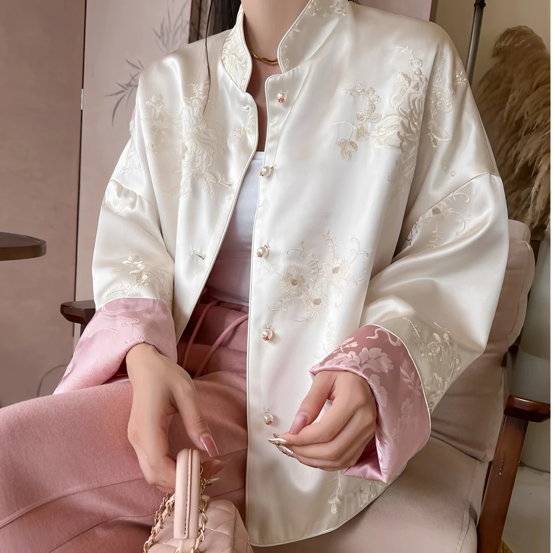 24年新款双面双穿宽松显瘦外套高级感醋酸重工绣花提花立领气质女