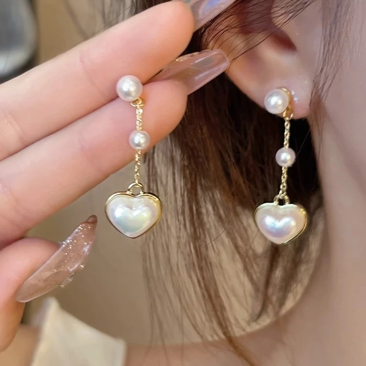 铜合金耳饰 轻奢流苏爱心珠珠耳环2023新款爆款小众设计感高级耳