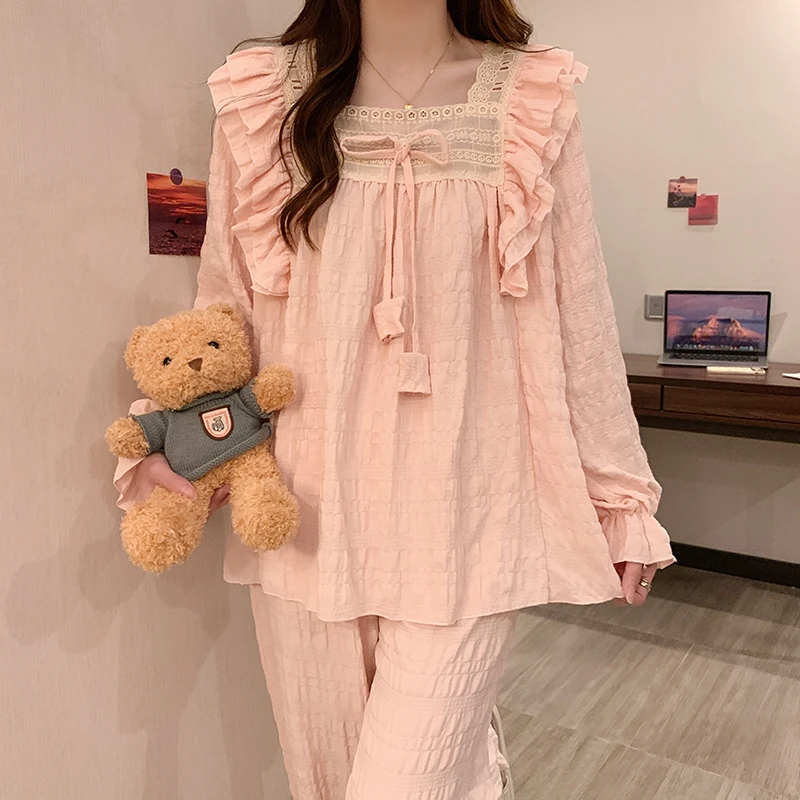 睡衣春秋季长袖可外穿纯色可爱甜美长裤薄款家居服套装1027韩版