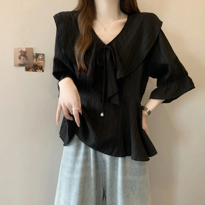 大码女装遮肚子荷叶边正肩T恤打底衫女夏季胖mm宽松短袖遮肉上衣