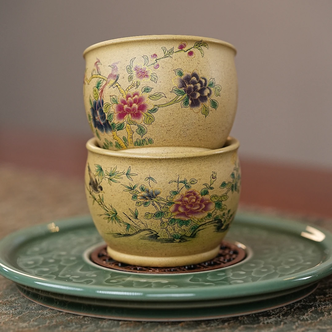 【11081本绿对杯】宜兴原矿紫砂本绿双色手绘描金珐琅彩主人杯对杯