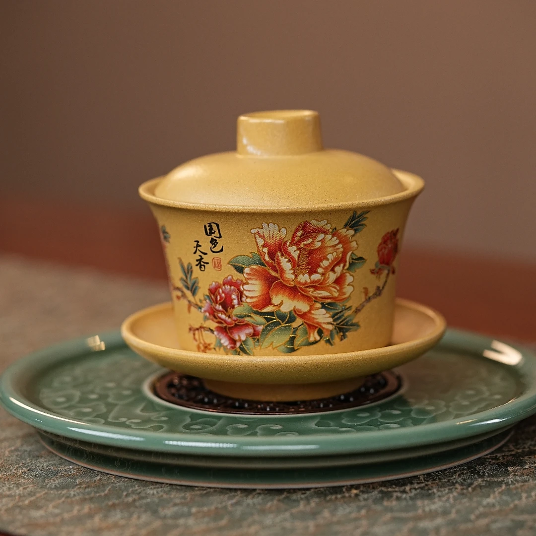 【黄金段花开富贵盖碗】宜兴原矿紫砂黄金段彩绘大号三才蝶恋花盖碗